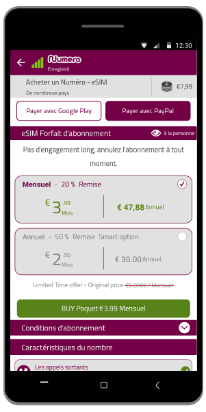 Paquet Numero eSIM Acheter - PayPal