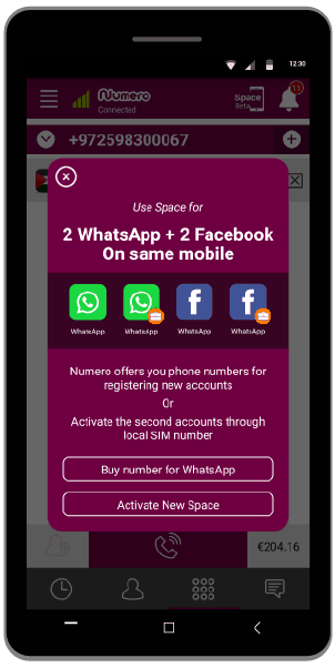 Clone apps and get second account for WhatsApp with a virtual number