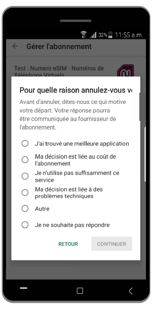 Sélectionnez pourquoi arrêter l'abonnement.
